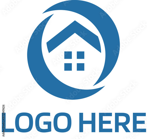 Modern Blue House Logo with Circular Swoosh