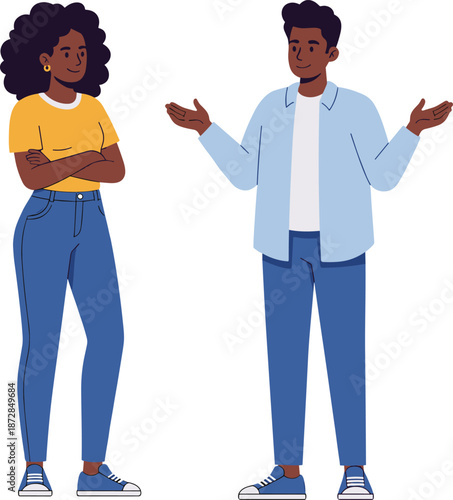 Young man and woman standing and discussing ideas showing open communication teamwork trust interaction modern flat vector illustration style