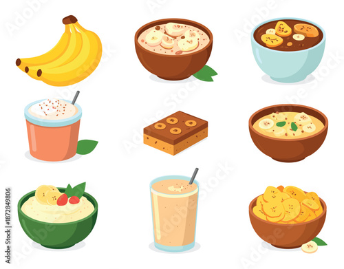 Banana and Plantain Dessert and Snack Collection Featuring Bowls, Smoothies, Pudding, Chips and Traditional Sweets Illustration