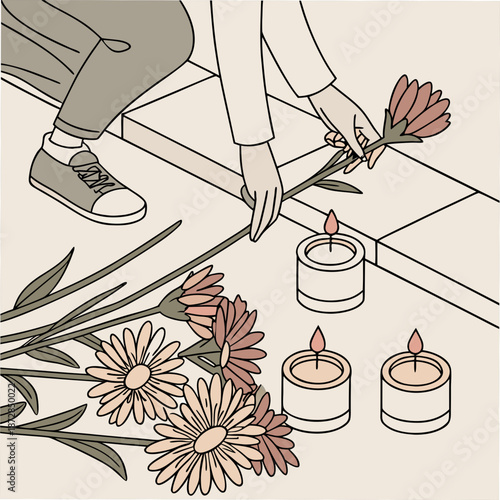 Person placing flowers and candles on memorial with hands