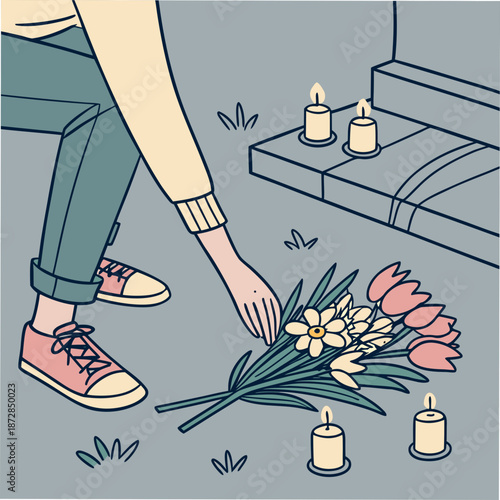 Person placing flowers with candles on a memorial bouquet