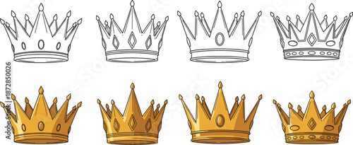 Royal crown vector icon set featuring gold and outline crowns for luxury branding, queen king clipart and royal designs