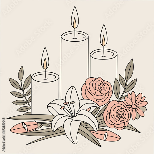 Soft realistic of a vigil moment symbolized with candles and flowers