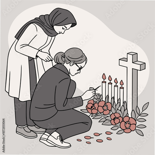 Two women lighting candles at a memorial with flowers and a cross