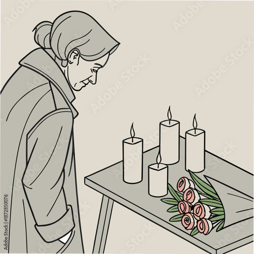 Woman looking at candles and flowers on a table with quiet grief