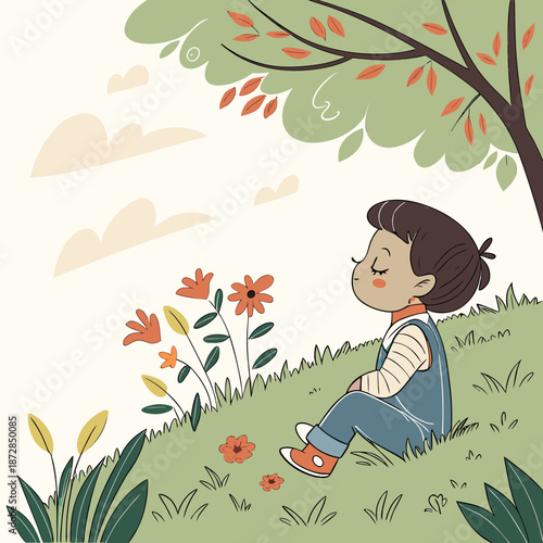 Calm toddler sitting under tree with flowers child