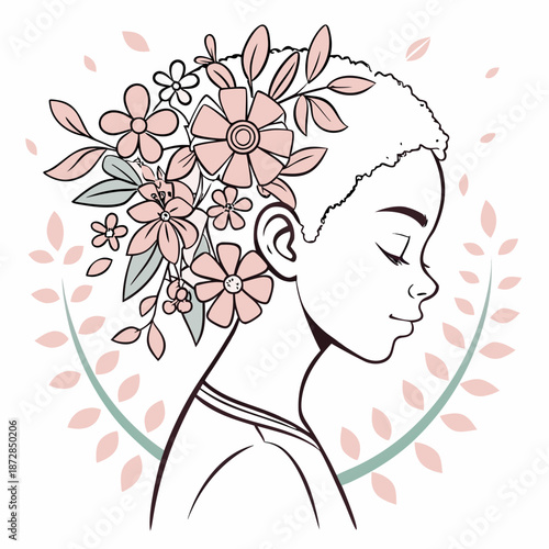 Calm child head with flowers in hair peaceful
