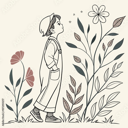 Child in overalls looking up at flower flowers