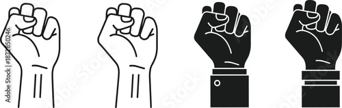Raised fist icons, power hand symbols, protest gesture graphics, solidarity illustration set for activism, unity, and strength designs