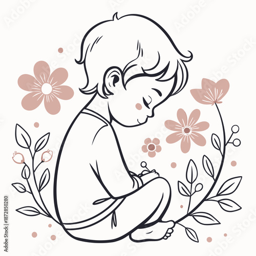 Peaceful child figure surrounded by flowers serene
