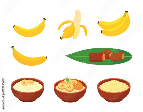 Banana and Plantain Food Set Featuring Whole Fruit, Sliced Bananas, Steamed Leaf-Wrapped Sweets and Traditional Pudding Illustration