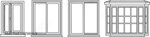 Window illustration set, sliding window vector, bay window clipart, home exterior window designs, architectural line art