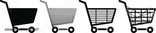 Shopping cart icon set with solid, mesh, wireframe and sketch styles for e-commerce, retail, checkout and online shop designs