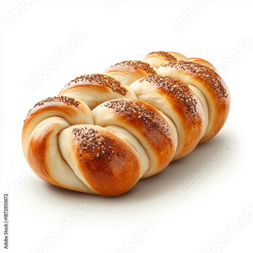 Golden Brown Braided Bread with Poppy Seeds on White Background