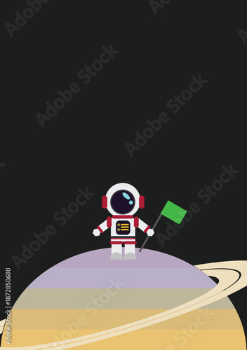Cute astronaut with green screen flag standing on the Saturn.