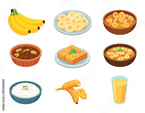 Banana and Plantain Food Variety Set Featuring Fresh Fruit, Slices, Curry, Sweets, Rice Dish and Juice Illustration