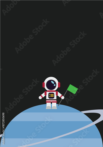 Cute astronaut with green screen flag standing on the Uranus.