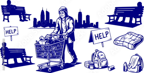 Homeless Person Shopping Cart Silhouette Street Urban Homelessness Social Issue Poverty Black Vector Isolated White Background Struggle Awareness Crisis Compassion