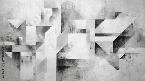 Abstract geometric black and white artwork with triangles and shapes.