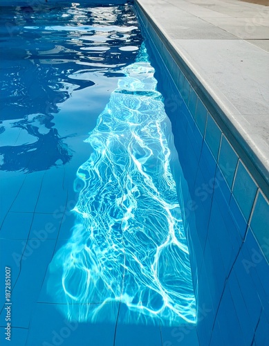 Close-up of a refreshing blue swimming pool with clear water and steps.