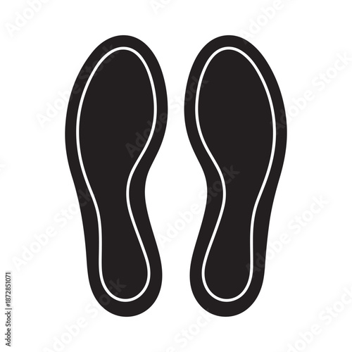 A simple graphic illustration displays two black shoe soles with white outlines side by side