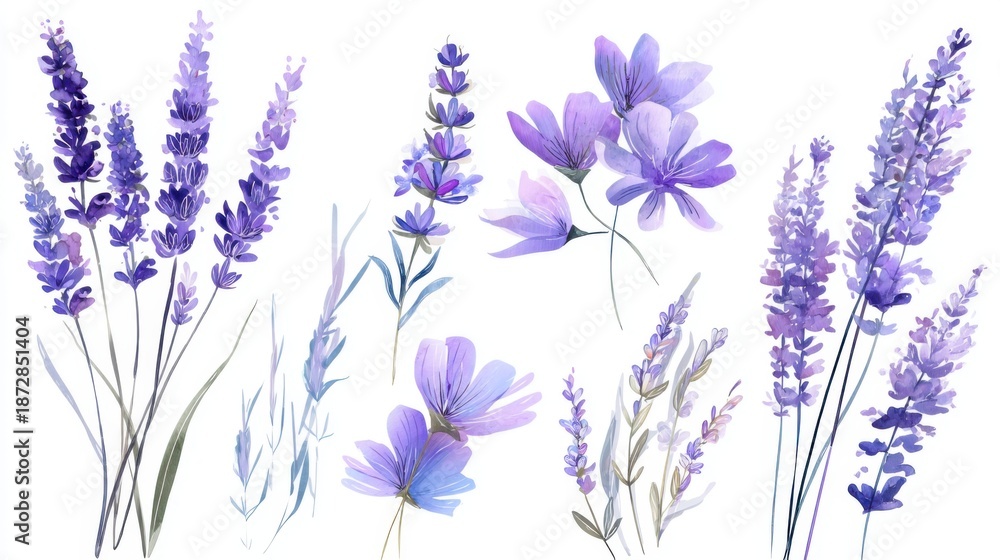 Obraz premium Lavender and purple wildflowers arrangement on white background.