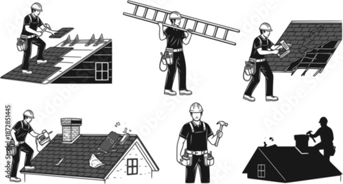 Roofer Construction Worker Silhouette Roof Roofing Contractor Installing Shingles Trade Black Vector Isolated White Background Repair Professional Industry Building