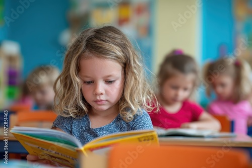 Children engaged in reading books in a kindergarten classroom during morning activities focusing on early literacy development