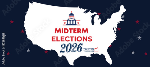 Midterm Elections 2026 USA Banner Set – Patriotic Red Blue Political Campaign Background with American Flag Style Design