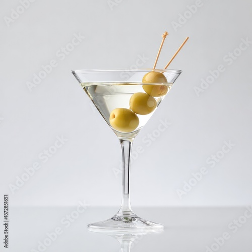 A classic martini in a clear glass with three green olives on a skewer. The drink is served on a transparent background, highlighting its elegant shape. 