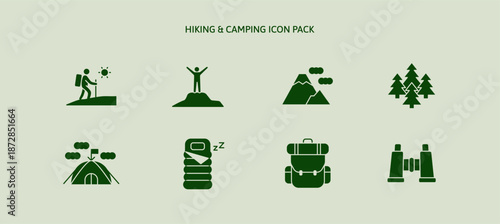 Hiking backpack trail, climbing mountain icon set with camping equipment binoculars, tent, sleeping bag. Recreation journey, outdoor activities at wilderness forest. Adventure travelling glyph icons