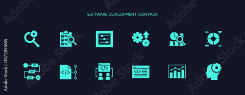 Software development icon set for website programming. Engineering system design with AI automation coding languages. Big data analysis tech, Algorithm diagram artificial intelligence technology.