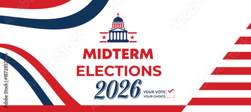 Midterm Elections 2026 USA Banner Set – Patriotic Red Blue Political Campaign Background with American Flag Style Design