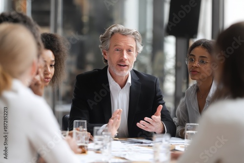 CEO leads engaging stakeholder discussion on corporate strategy during a meeting in a modern office space