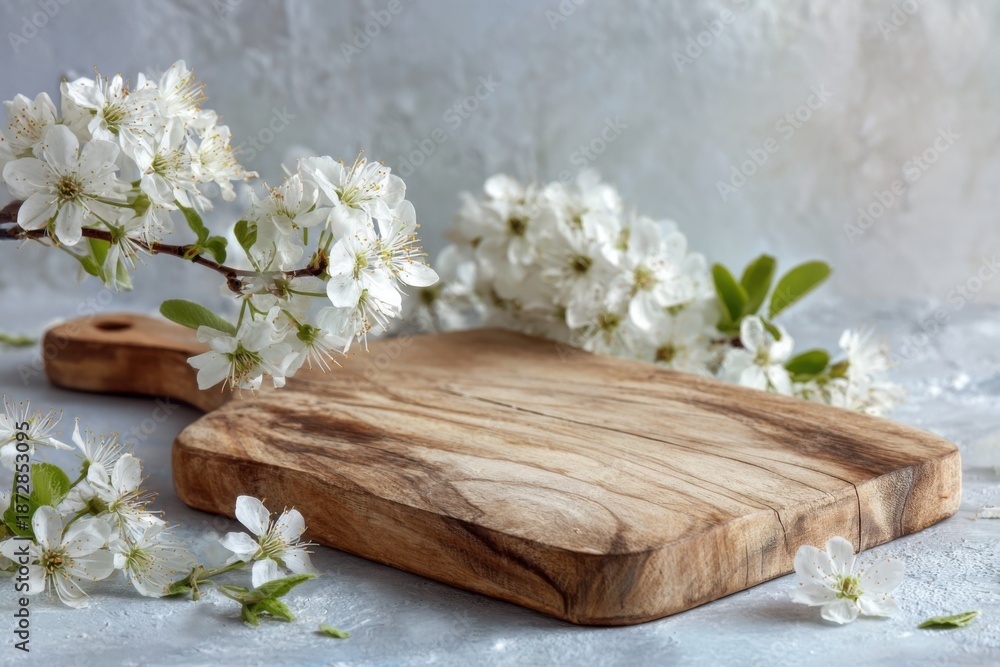 Fototapeta premium Rustic wooden cutting board surrounded by fresh white flowers on a light background, creating a serene kitchen atmosphere for culinary tasks and food presentation