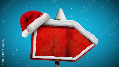 Animation of snow over christmas tree and wooden sign with santa cap and copy space