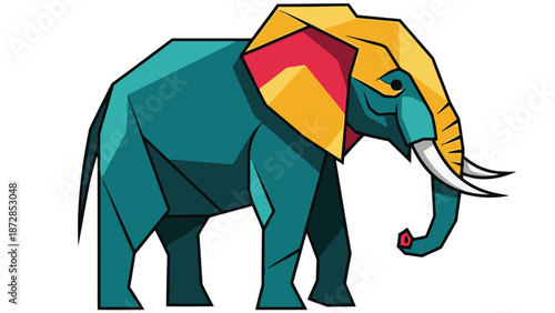 Vibrant low poly geometric elephant illustration in bright teal and orange colors for wildlife conservation awareness and modern digital branding identity for creative startups.