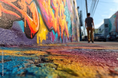 Vibrant graffiti street art colors the wall in Wynwood Miami attracting visitors and igniting creativity in the neighborhood's lively atmosphere on a sunny day