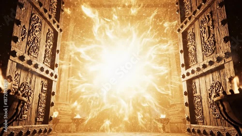 A magnificent ornate wooden temple door slowly opening on aged hinges revealing an intense bright golden light and a powerful sense of sacred discovery antique, heavywood, mystery