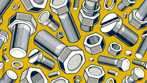 Bolts and nuts seamless background, repair and maintenance workshop tiling wallpaper, mechanic technics service endless pattern, elements easy to use separately.