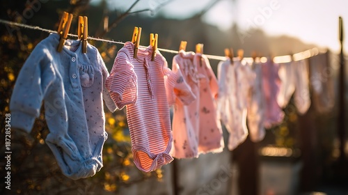 Baby clothes hanging on a line to dry in the warm sunlight outdoors.