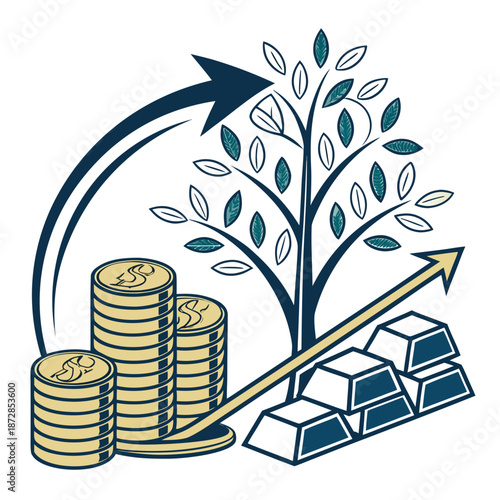Growing Wealth with Coins Gold Bars and Tree wealth accumulation