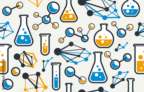 Chemistry seamless background, chemical laboratory endless pattern with molecules and flasks, repeat wallpaper of science and pharma theme.
