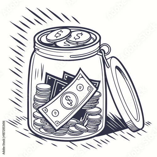 Of a glass jar filled with coins and banknotes money