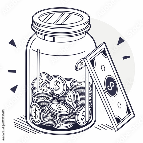 Of a glass jar filled with coins and a banknote money