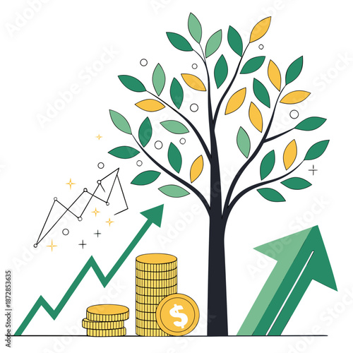 Tree with green and yellow leaves growing near stacks of gold coins and green arrows