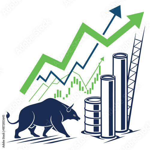 Navy bull walking beside green and blue financial growth charts and industrial barrels