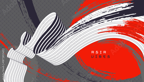 Asia style red bright vector abstract background, painted wallpaper in Japan style, dynamic lines in 3D perspective.