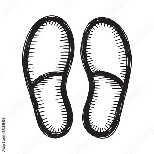 A black and white sketch illustration depicts a pair of simple open toed sandals or flip flops