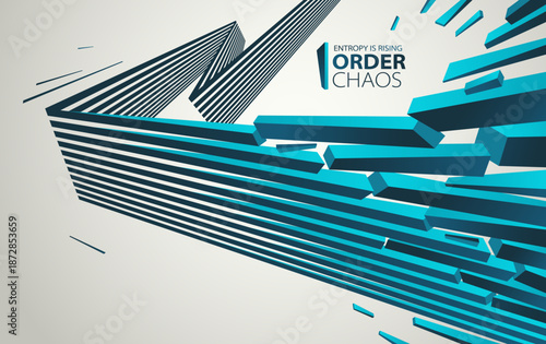 Chaos and order vector concept abstract background with lines explosion to debris in decay, 3D wallpaper with perspective lines going to chaos of destruction.
